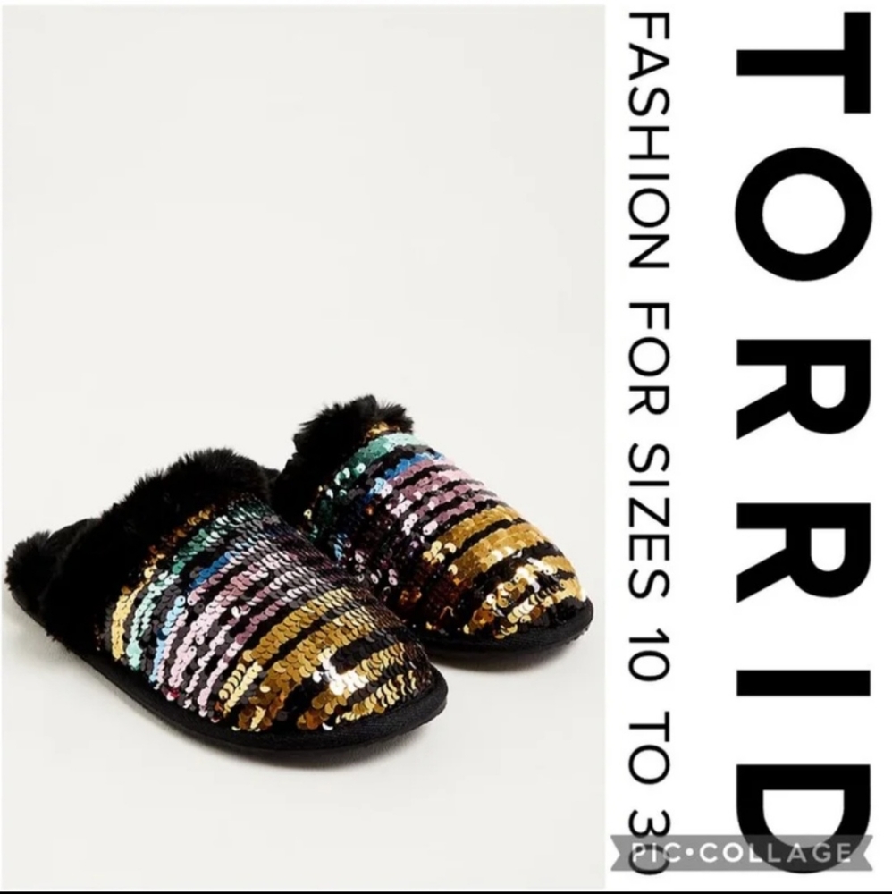 ❌️SOLD❌️ Torrid 8WW Fur Trim Slipper — Multi Sequins (WW) - Picture 3 of 7